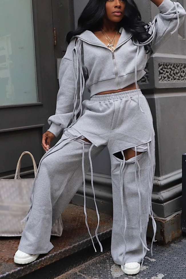 Unique Hooded Zip Up Jacket & Openwork Ribbon Sweatpants Set*