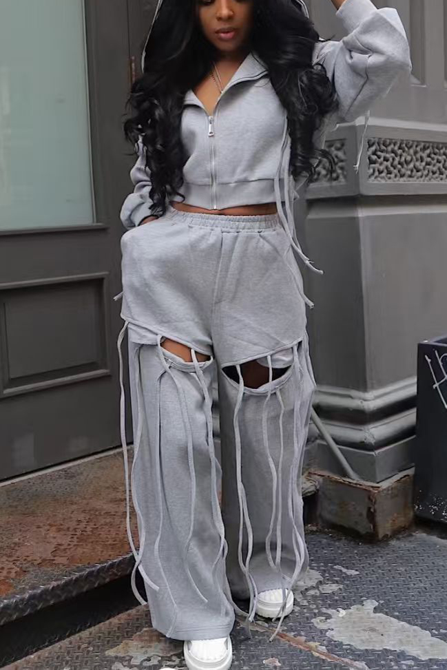 Unique Hooded Zip Up Jacket & Openwork Ribbon Sweatpants Set*