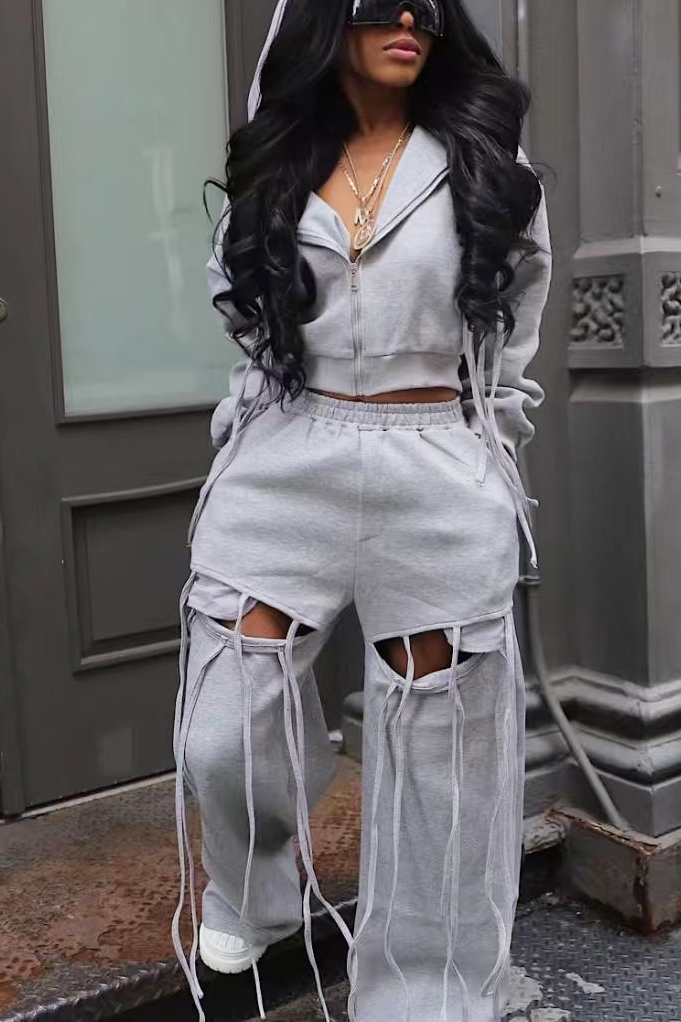 Unique Hooded Zip Up Jacket & Openwork Ribbon Sweatpants Set*