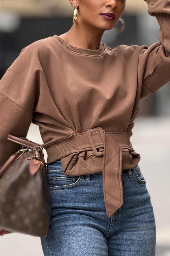 Casual Belt Buckle Pullover Cropped Sweatshirt*