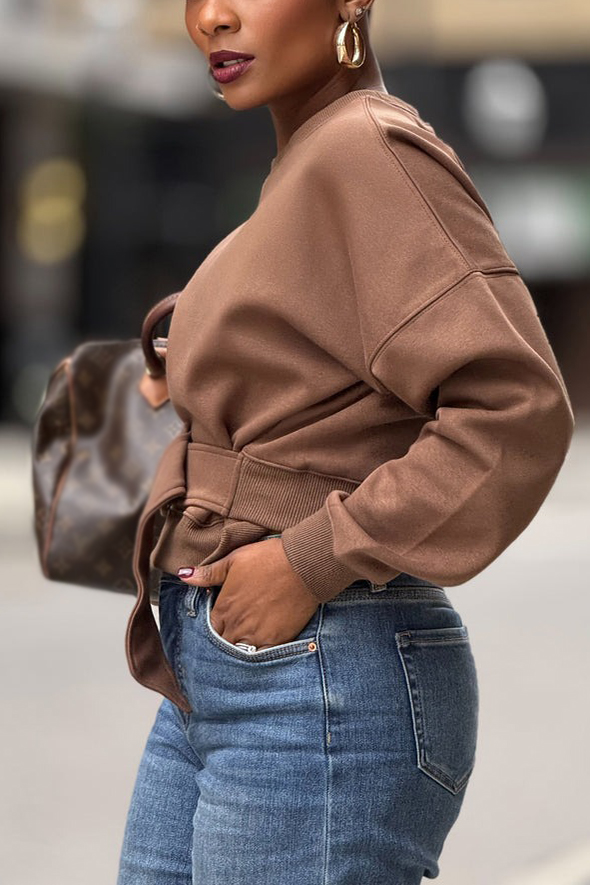 Casual Belt Buckle Pullover Cropped Sweatshirt*