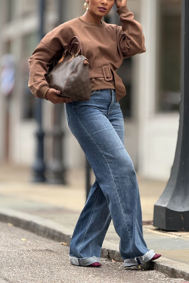 Casual Belt Buckle Pullover Cropped Sweatshirt*