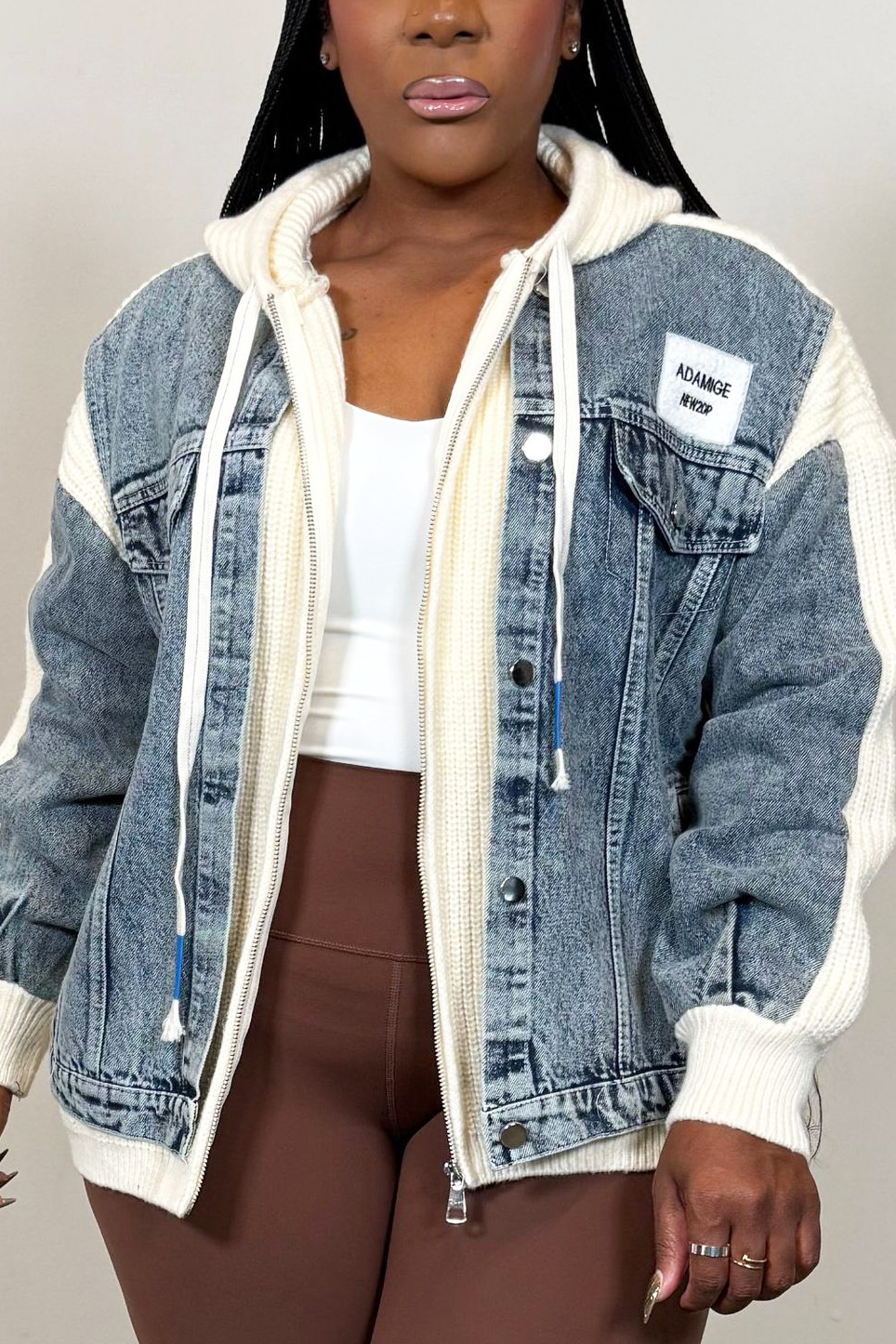 Casual Denim Patchwork Knit Hooded Jacket*