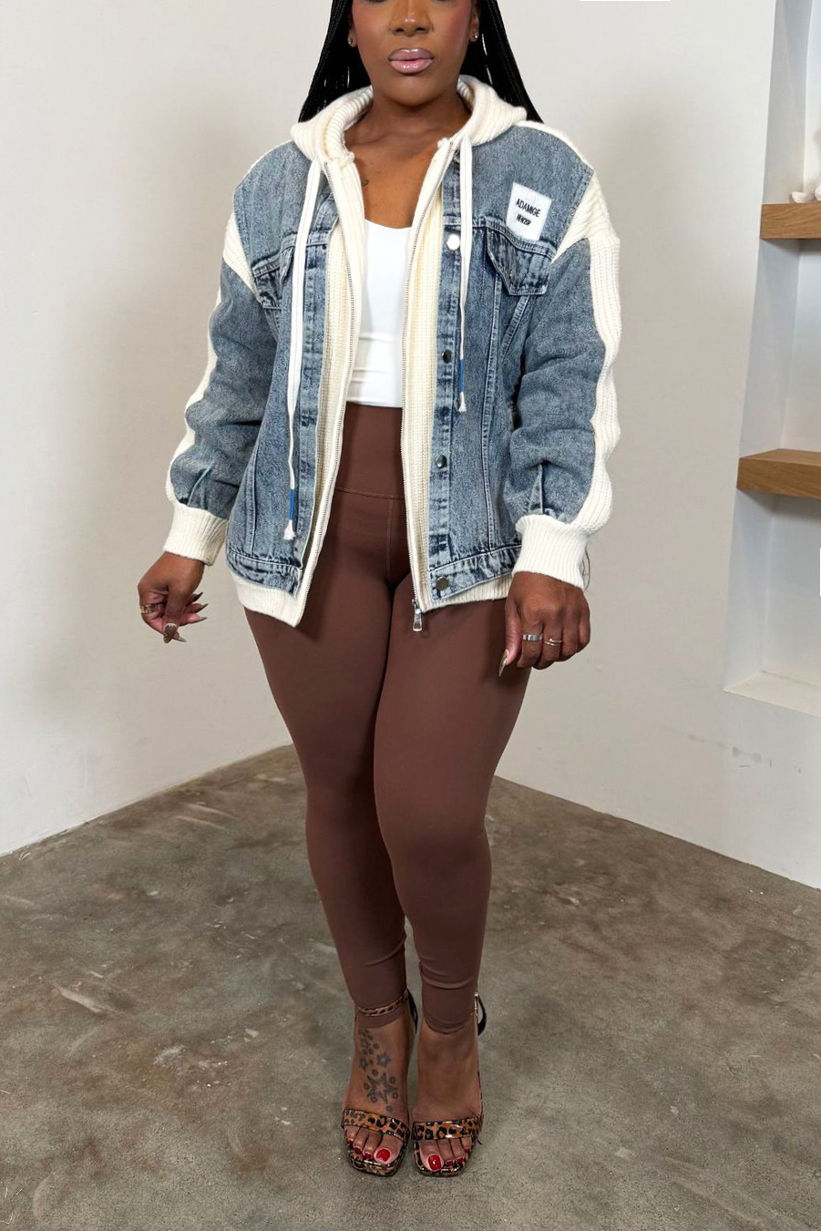 Casual Denim Patchwork Knit Hooded Jacket*