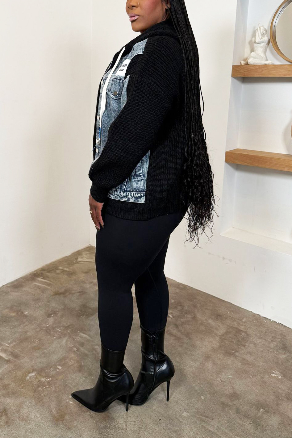 Casual Denim Patchwork Knit Hooded Jacket*