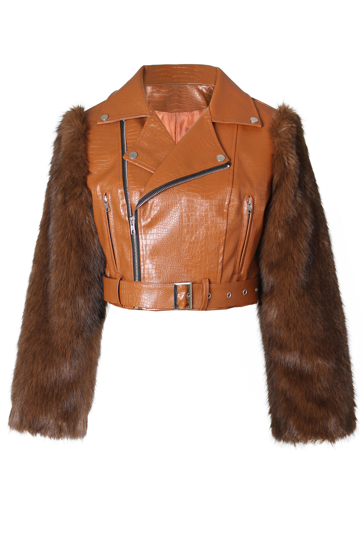 Street Style Patchwork Fur Motorcycle Short Jacket*