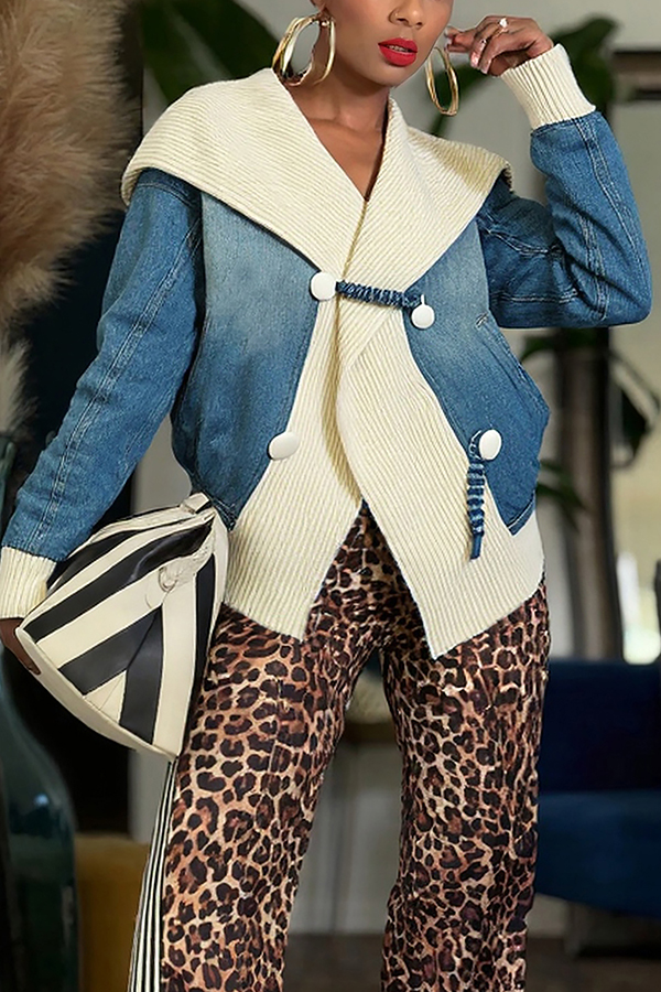 Stylish Oversized Collar Knit Patchwork Denim Jacket*