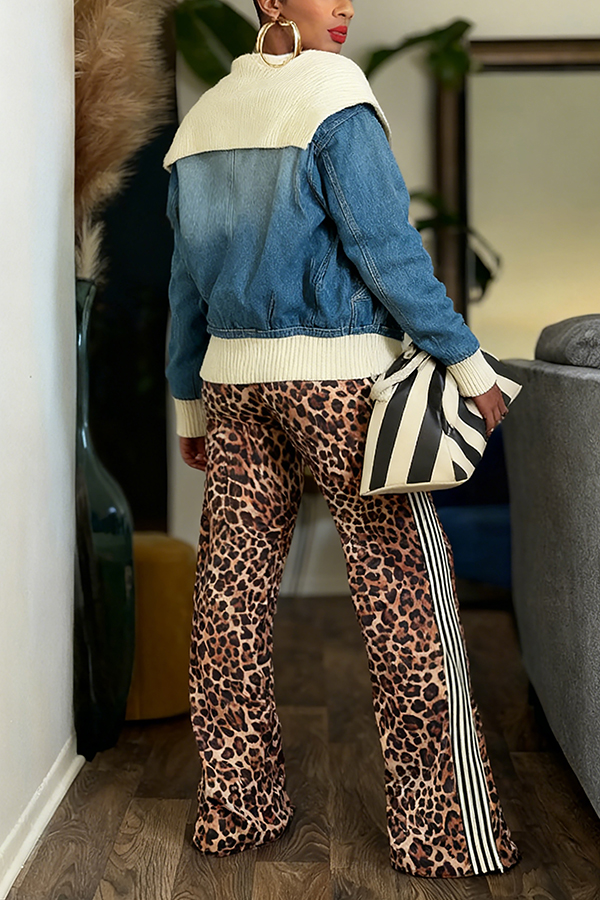 Stylish Oversized Collar Knit Patchwork Denim Jacket*