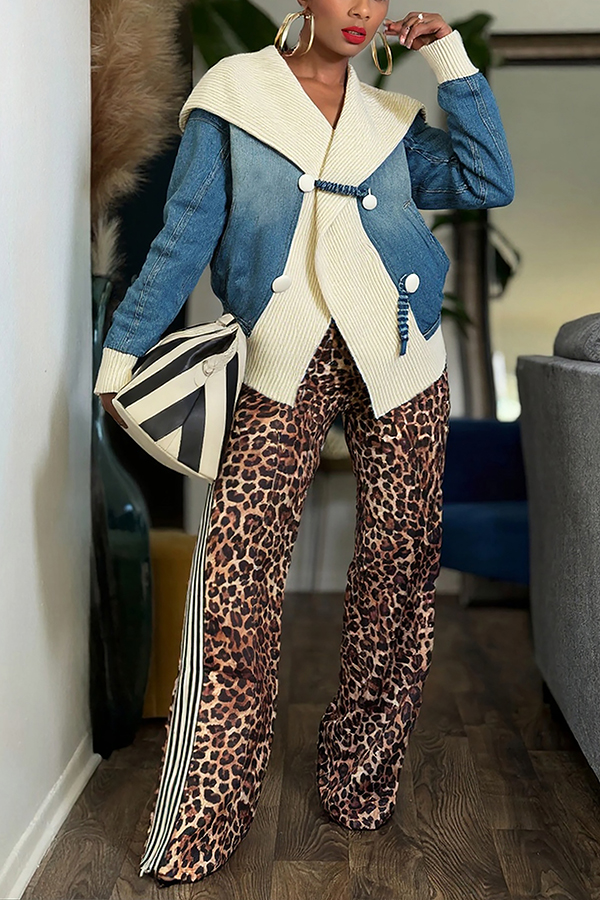 Stylish Oversized Collar Knit Patchwork Denim Jacket*