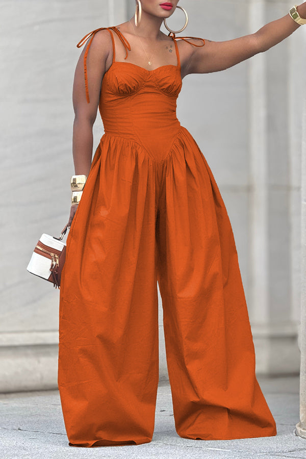 Casual Knot Shoulder Pleated Wide Leg Jumpsuit