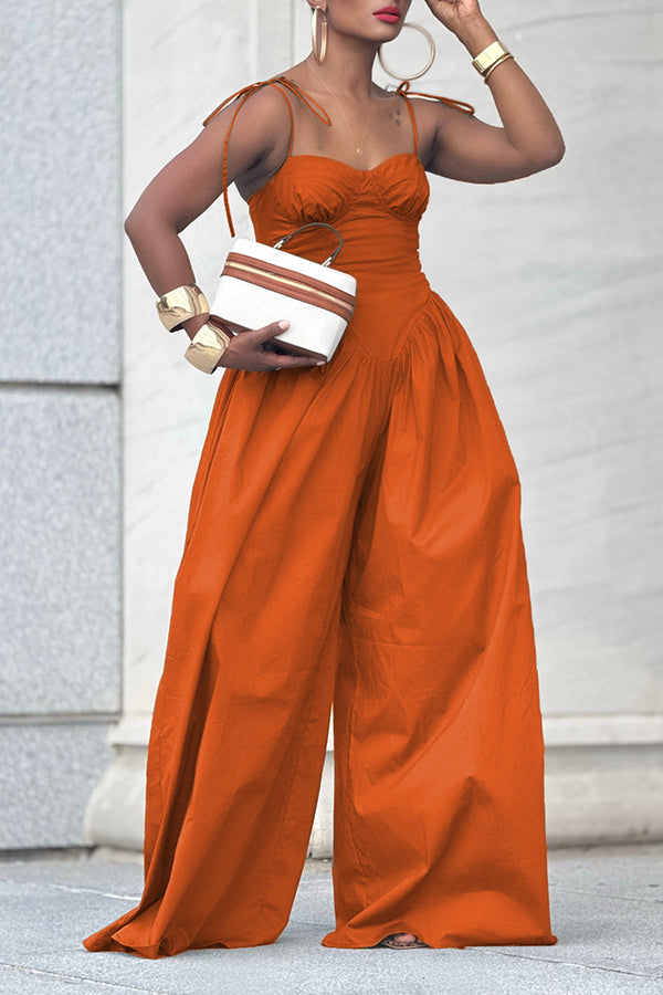 Casual Knot Shoulder Pleated Wide Leg Jumpsuit