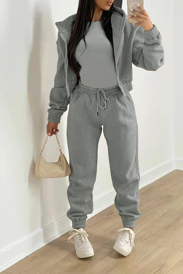 Casual Solid Color Hoodie & Pants Set