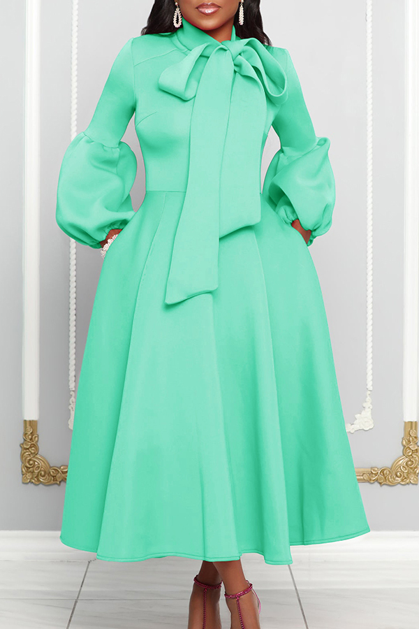 Elegant Bow Lantern Sleeve A-line Dress