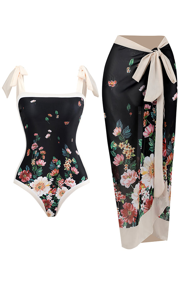 Retro Print One-Piece Swimsuit & Cover-Up Skirt Set