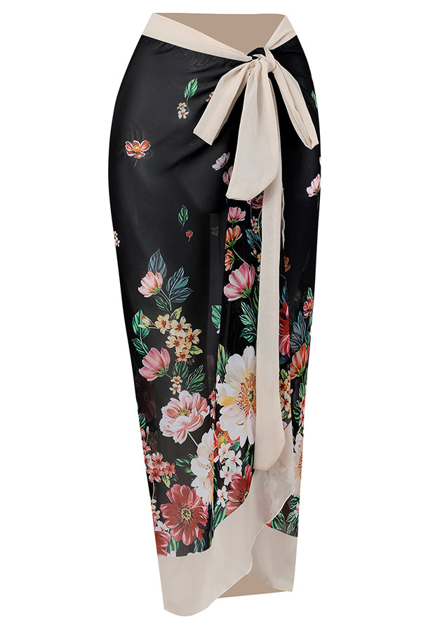 Retro Print One-Piece Swimsuit & Cover-Up Skirt Set