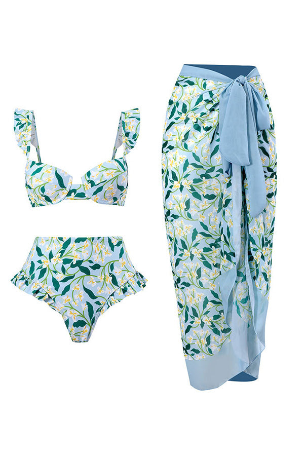 Allover Print Flutter Top & Pants Three-piece Set