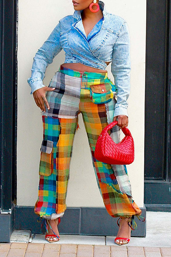 Vintage Plaid Flap Pocket Asymmetrical Pants