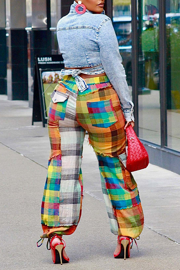 Vintage Plaid Flap Pocket Asymmetrical Pants