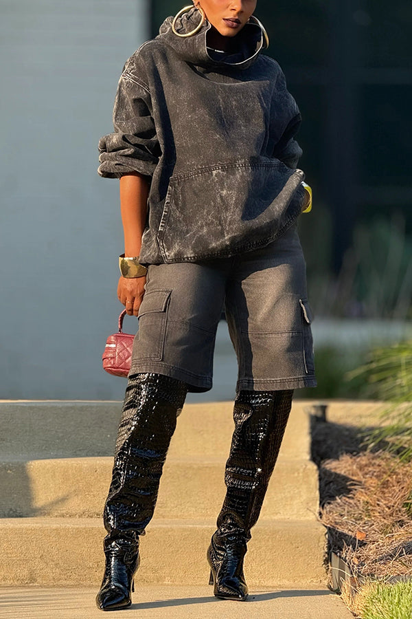 Stylish Washed Distressed Hooded Sweatshirt