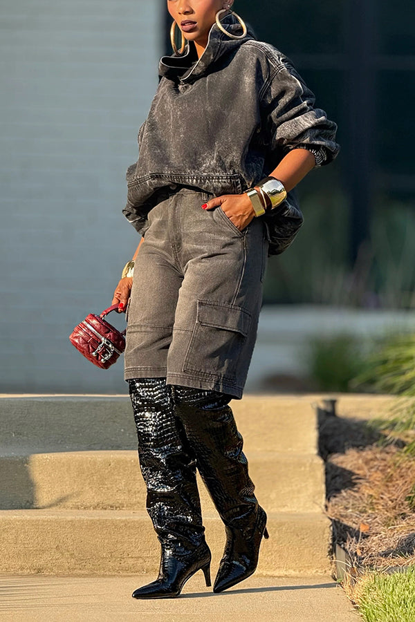 Stylish Washed Distressed Hooded Sweatshirt