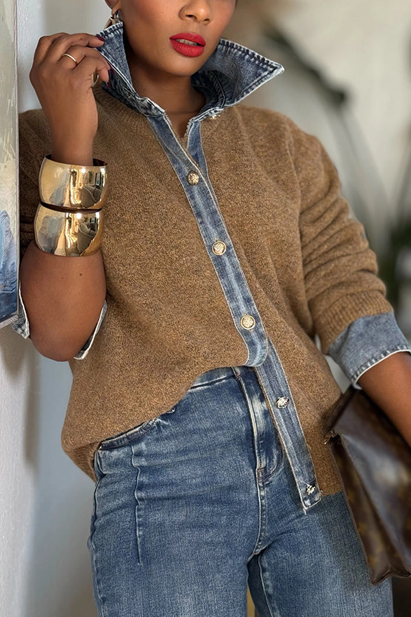 Stylish Button Up Denim Splicing Cardigan