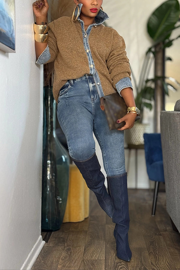 Stylish Button Up Denim Splicing Cardigan
