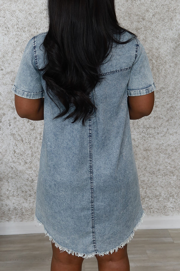 Casual Shirt Collar Raw Trim Denim Dress