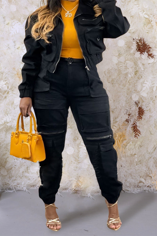 Casual Zip Pockets Crop Jacket