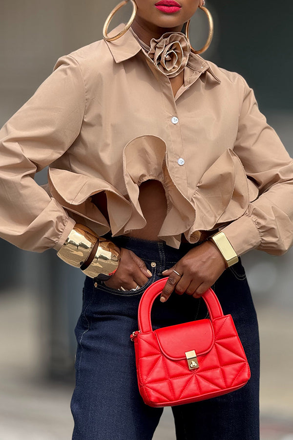 Detachable collar flower Ruffle Hem Blouse