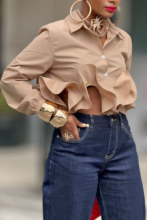 Detachable collar flower Ruffle Hem Blouse