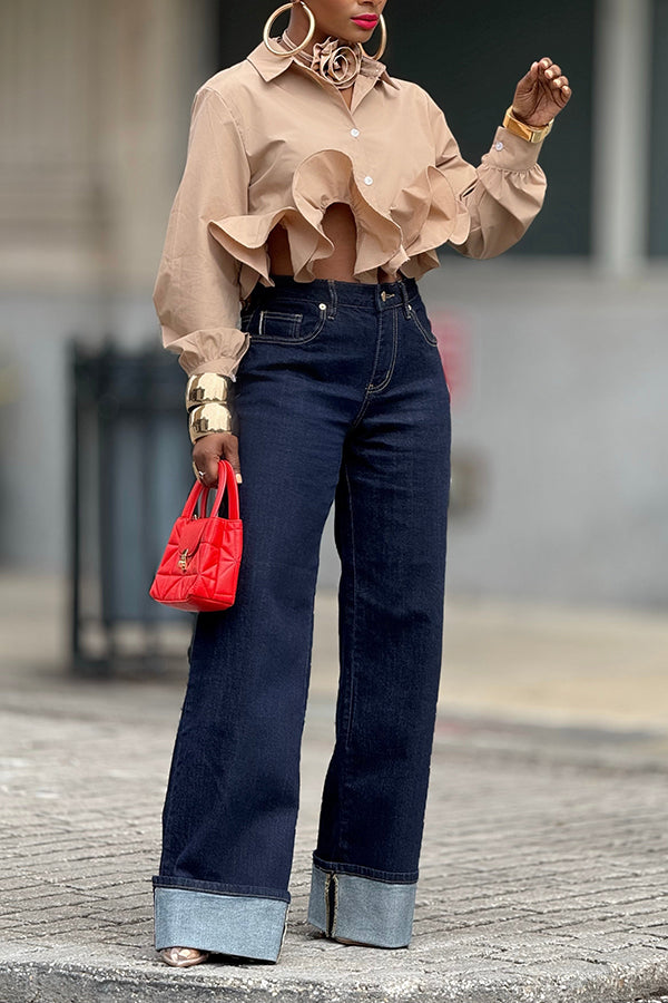 Detachable collar flower Ruffle Hem Blouse