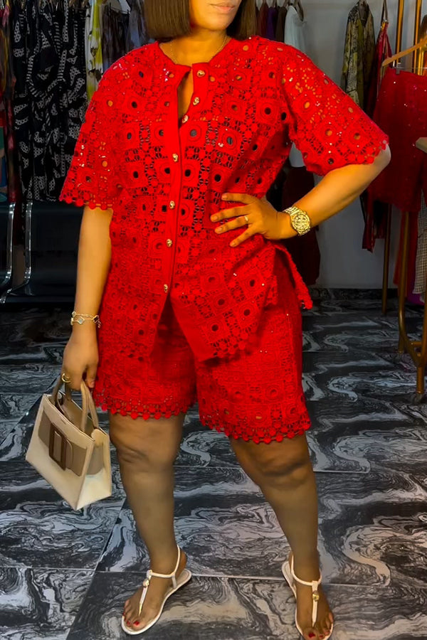 Chic Button Up Lace Top & Shorts Set