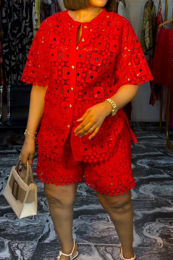 Chic Button Up Lace Top & Shorts Set