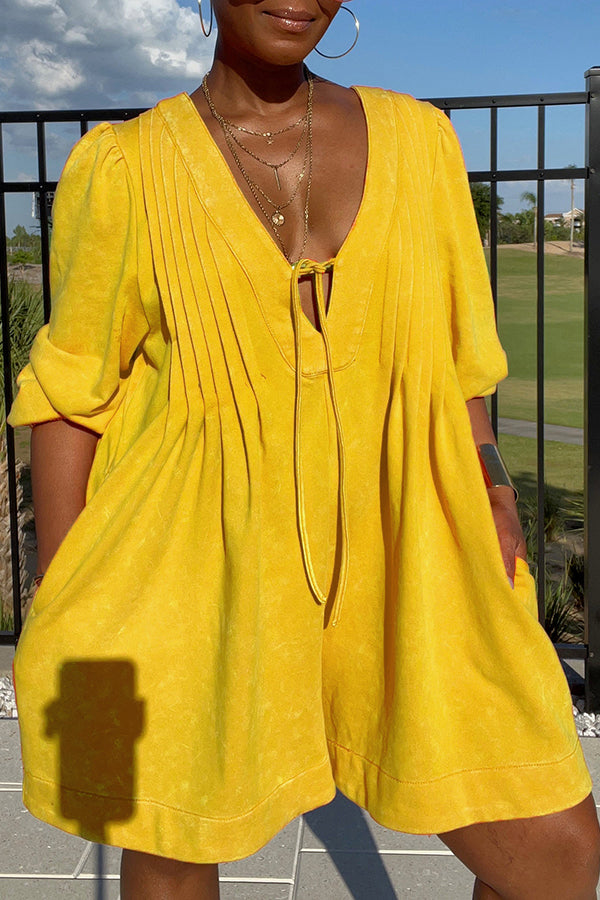 Loose Tie-front Pleated Wide Leg Romper