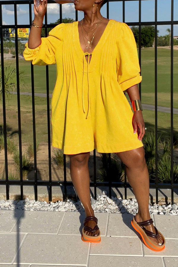 Loose Tie-front Pleated Wide Leg Romper