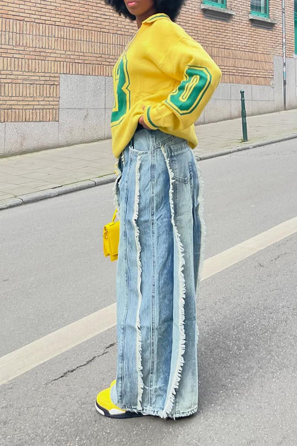 Unique Colorblock Fringed Trim Wide-Leg Jeans