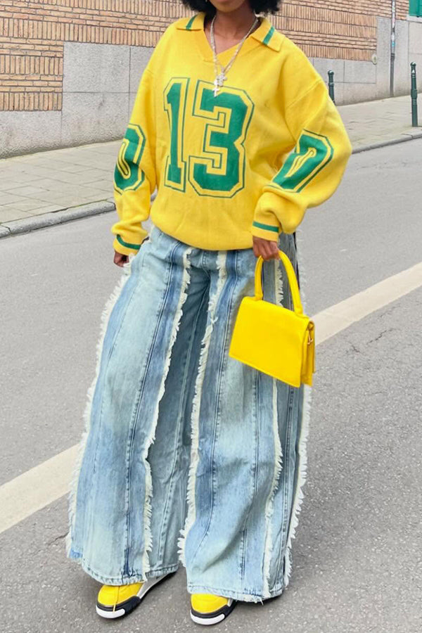 Unique Colorblock Fringed Trim Wide-Leg Jeans