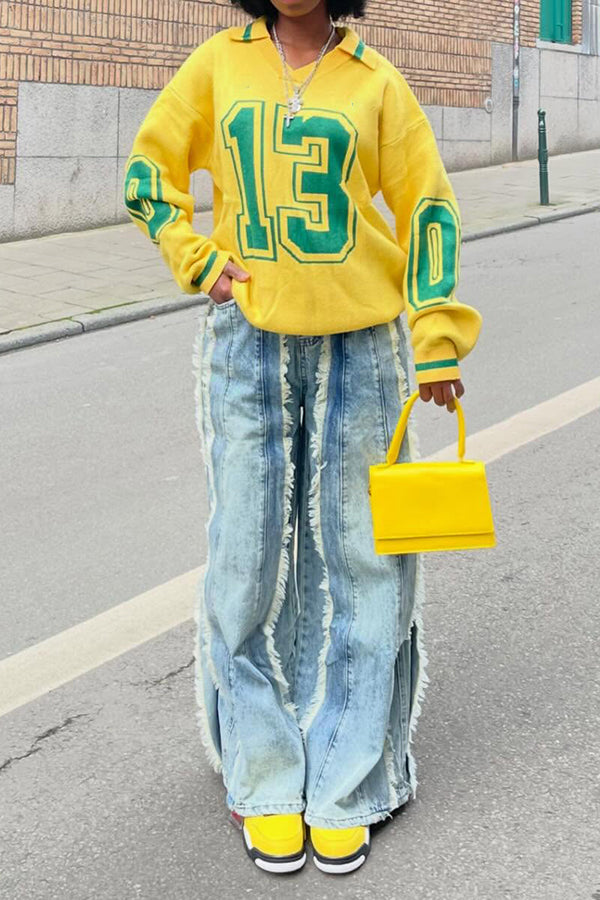 Unique Colorblock Fringed Trim Wide-Leg Jeans