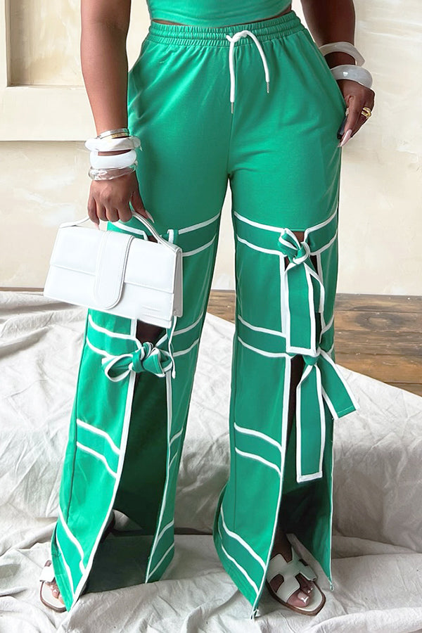 Sports Fashion Contrasting Color Thread Knotted Slit Pants