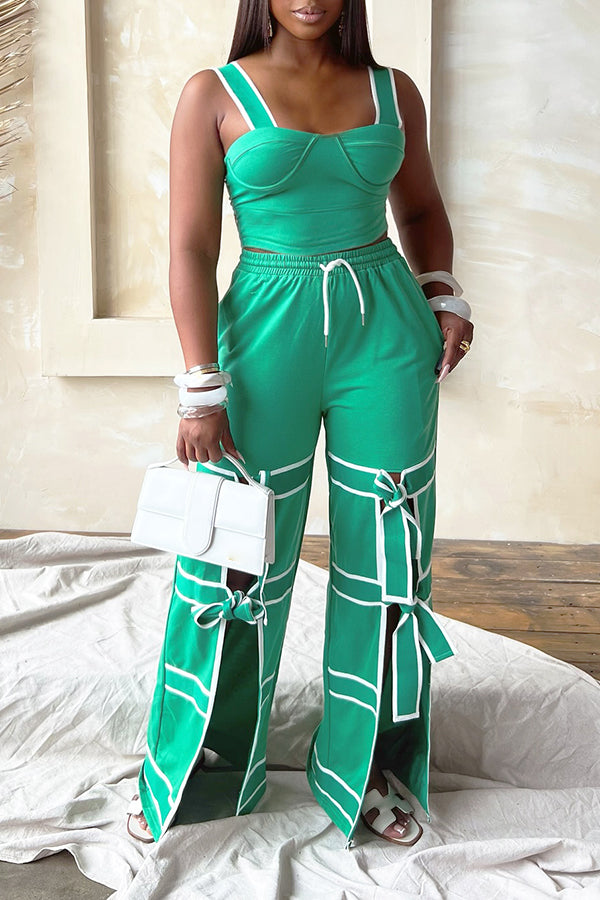 Sports Fashion Contrasting Color Thread Knotted Slit Pants