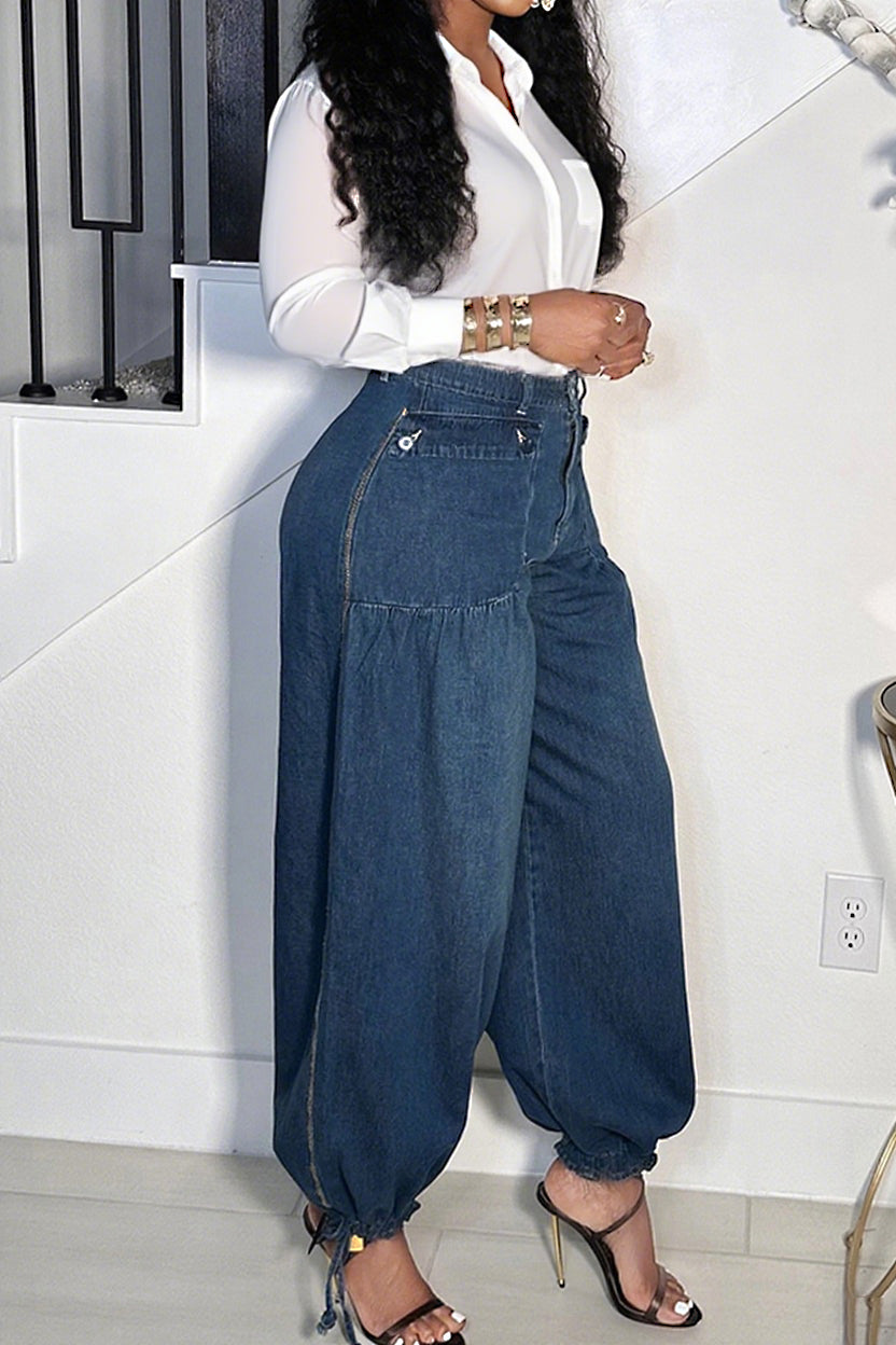 Street Bleached Washed Drawstring Jeans*