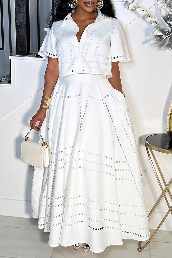 Stylish Burning Flower Craft Short Top & Skirt Set White Front Side