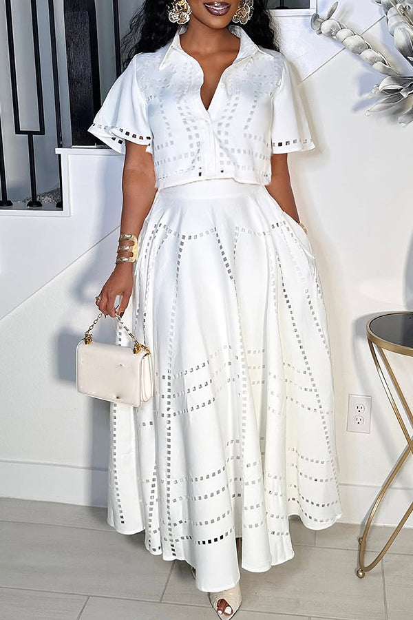 Stylish Burning Flower Craft Short Top & Skirt Set White Front Side