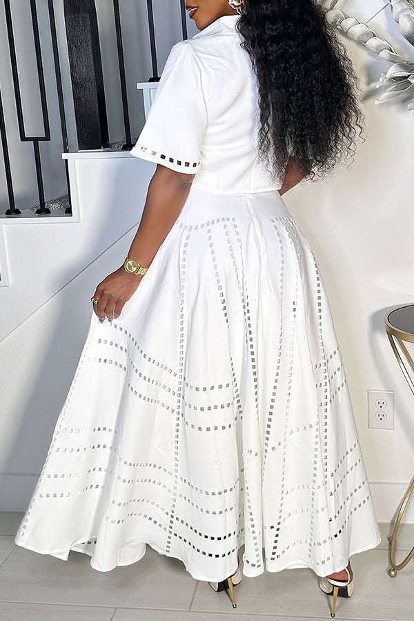 Stylish Burning Flower Craft Short Top & Skirt Set White Back Side