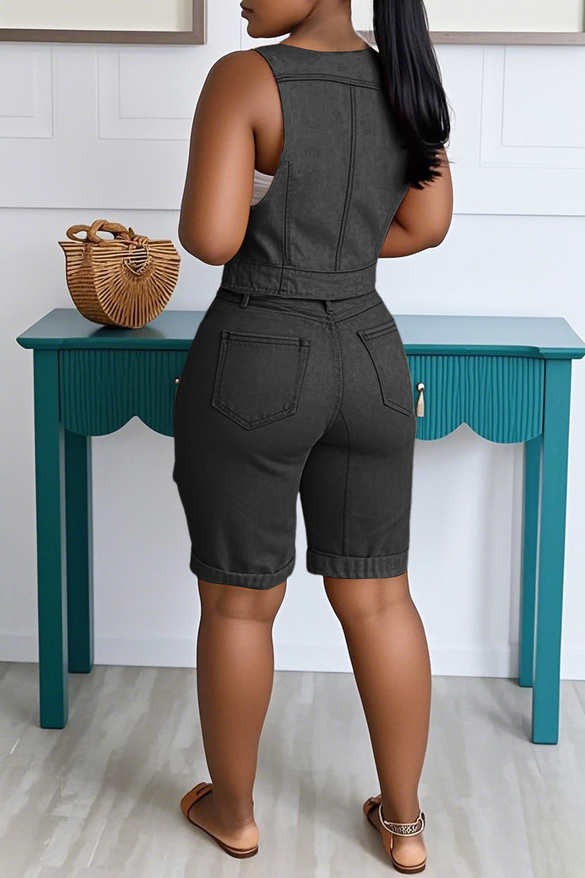 Striking Rivet Button Denim Vest & Half Pants Set