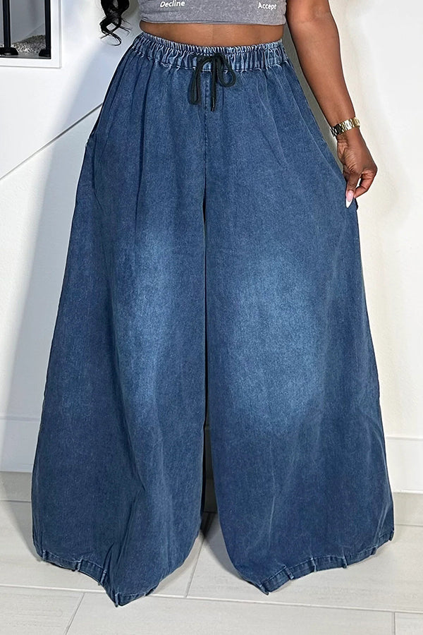 Loose Fit Drawstring High Waist Wide Leg Jeans*