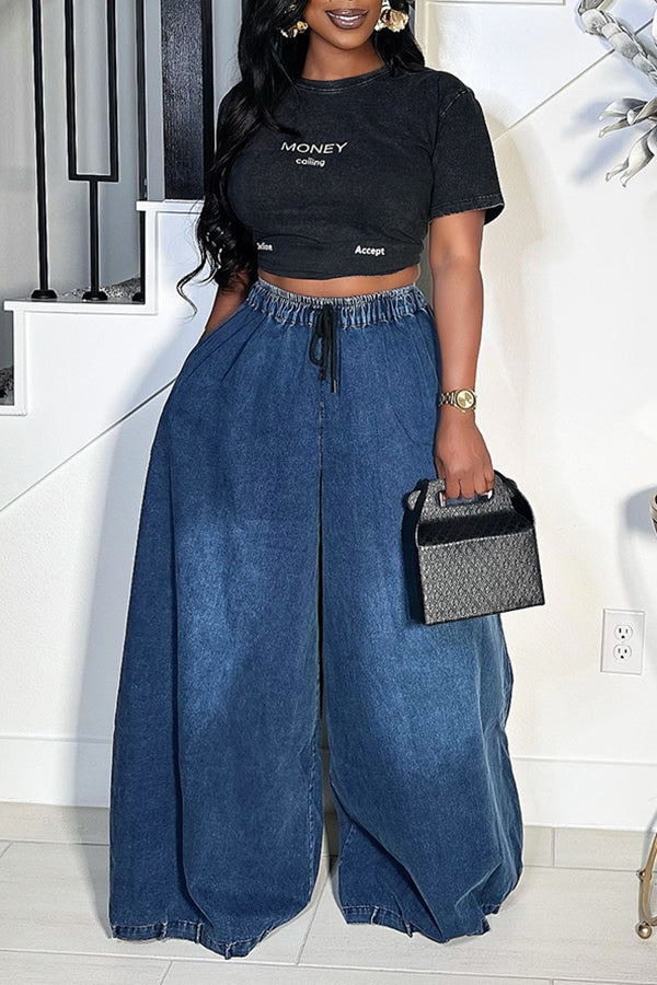 Loose Fit Drawstring High Waist Wide Leg Jeans*