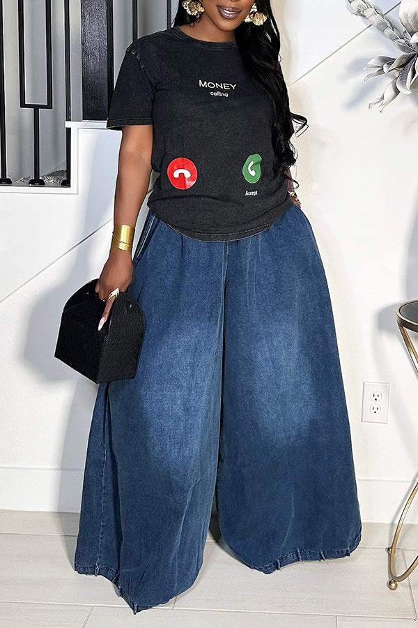 Loose Fit Drawstring High Waist Wide Leg Jeans*