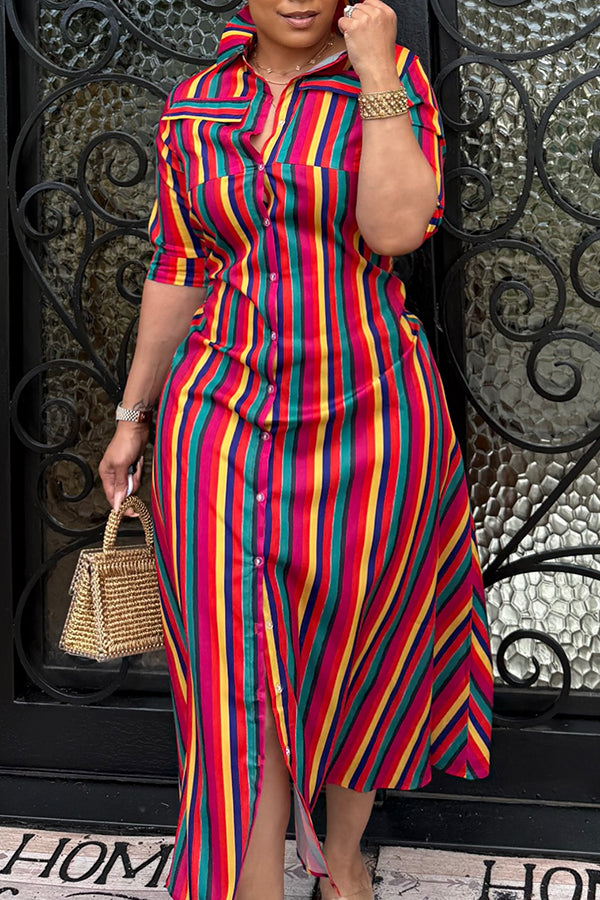 Stylish Colorful Striped Single Breasted Maxi Dress