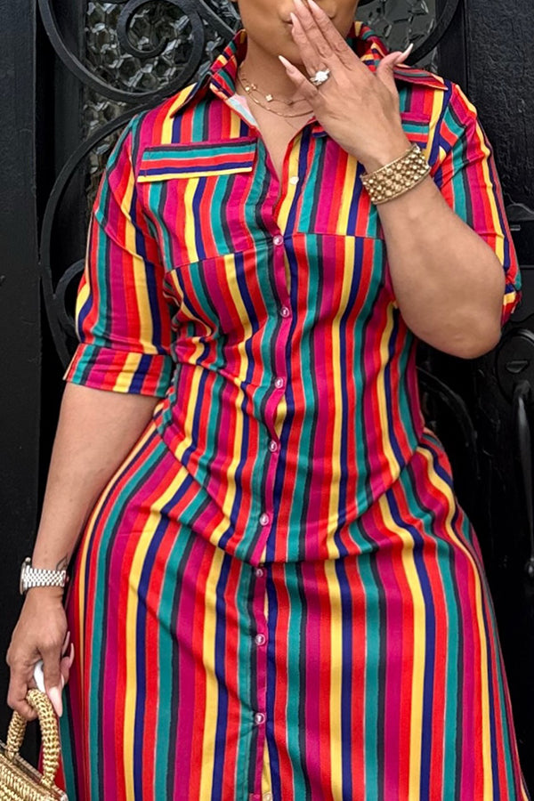 Stylish Colorful Striped Single Breasted Maxi Dress
